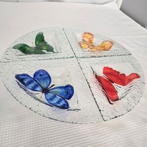 Recycled Glass Butterfly Serving Platter 4 Section Dish Flash Painted